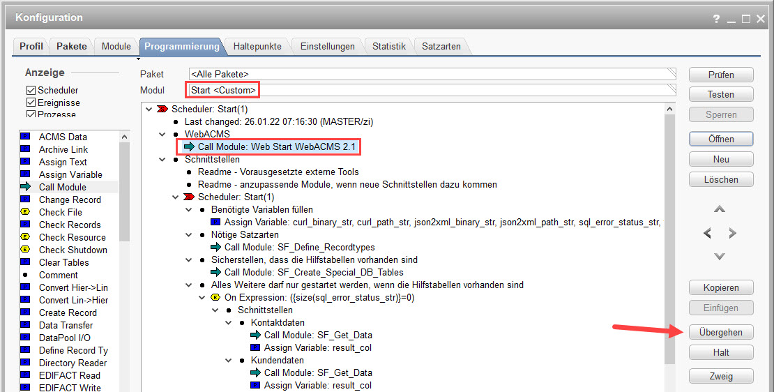 Ausbau oder Deaktivieren des Aufrufs der WebACMS-Module im Startmodul der jeweiligen ACMS-Installation