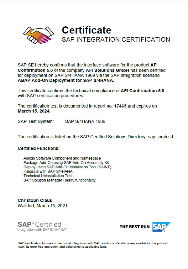 This certificate confirms the technical compliance of AFI Confirmation 5.0 with SAP certification procedures.