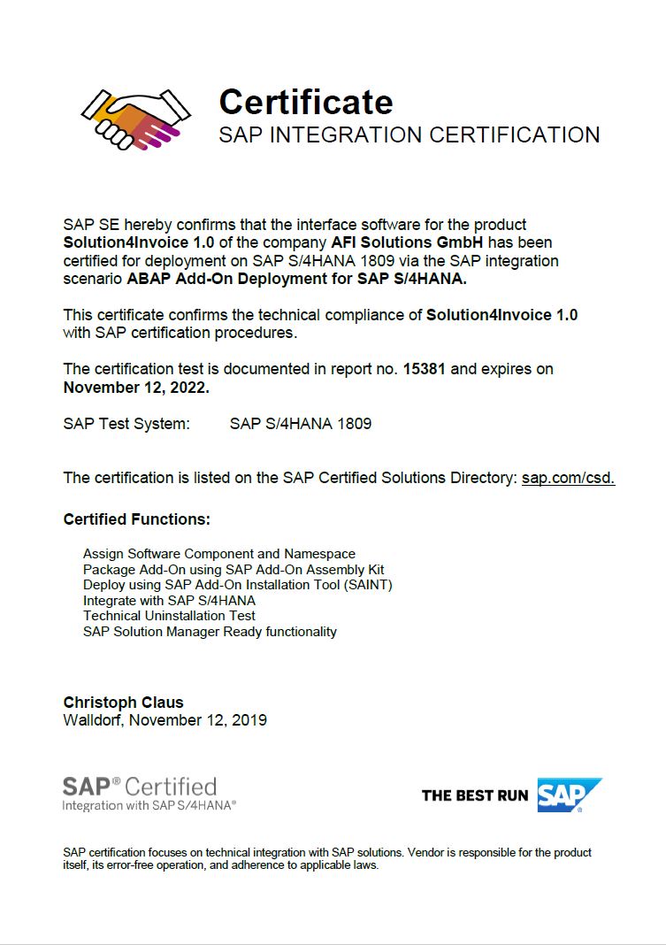 SAP-Zertifikat: SAP integration certification Solution4Invoice 1.0 ist für SAP S/4HANA zertifiziert