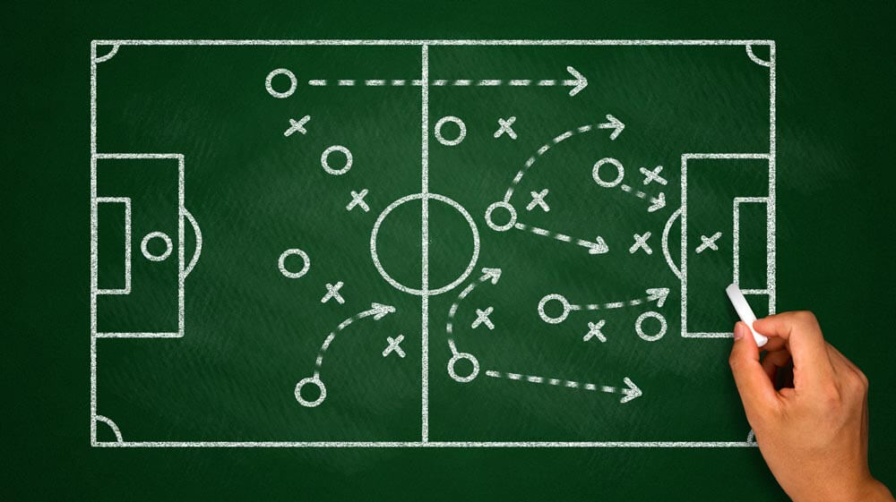 Grafik Tafel mit Kreide gezeichnetes Fussballfeld mit Spielern und strategischen Zuegen