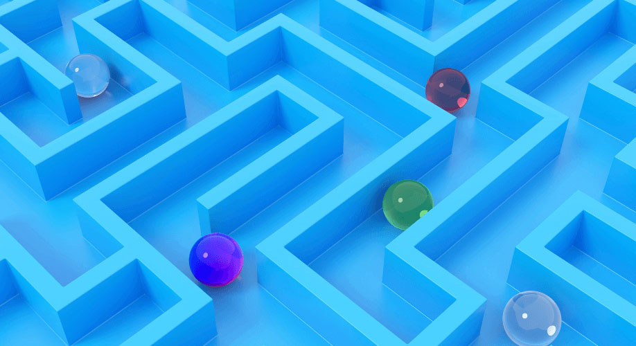 Blog| blue maze with colorful marbles as methaphor for digital worklfows