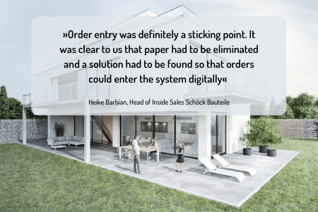 Blog| Model of a new building with quote Heike Barbian on digital order entry