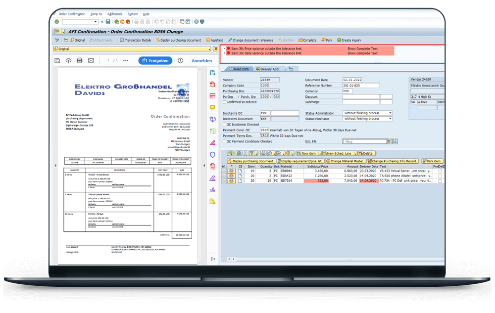 Screenshot overview of the AFI Confirmation Center