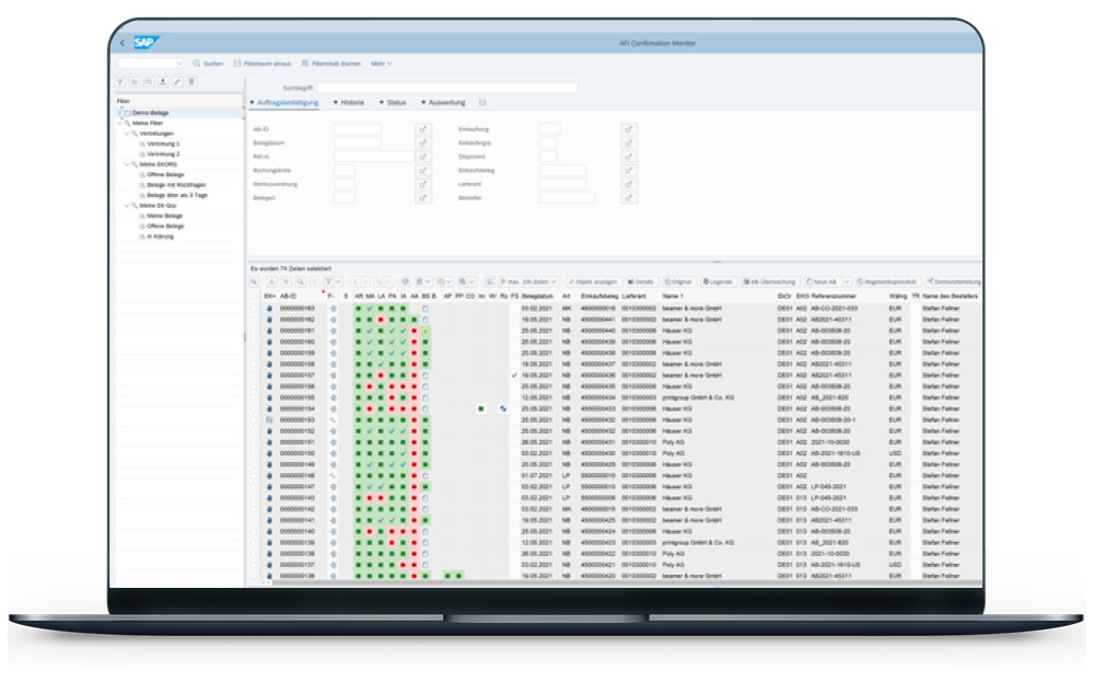 Das digitale AFI Confirmation Eingangsbuch direkt in SAP zeigt Ihnen zentral alle eingehenden Auftragsbestätigungen über alle Eingangskanäle hinweg. 